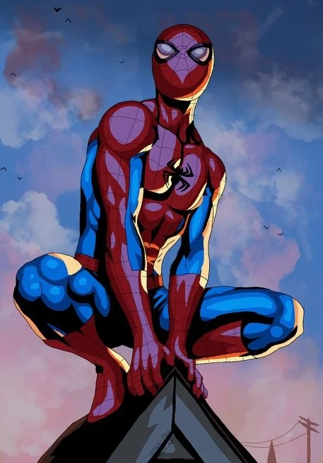 A digital illustration of Spider-Man crouching on a rooftop against a evening sky with clouds and birds.