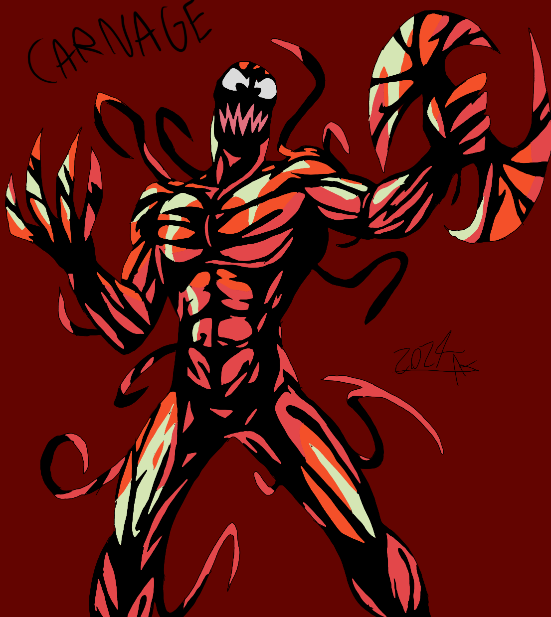 A stylized illustration of Carnage, a Marvel comic character, with red and black symbiotic armor, large claws, and a menacing expression, set against a red background with the word 'CARNAGE' written in the top left.