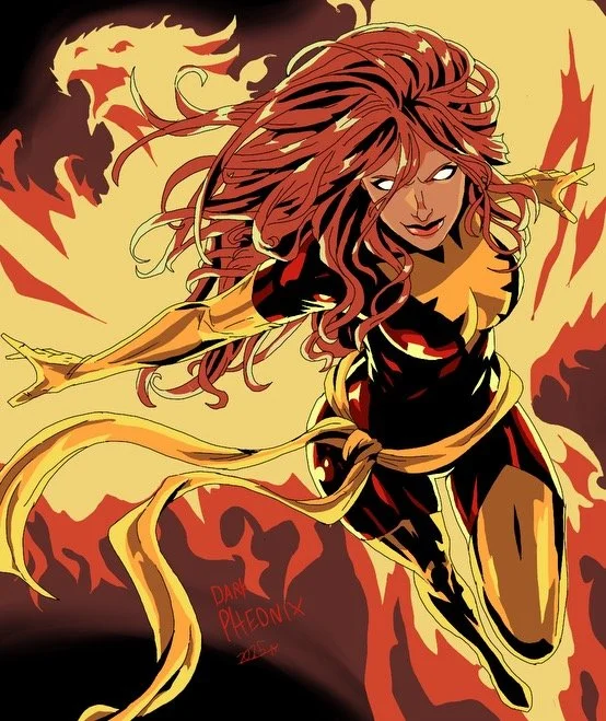Illustration of a woman with flowing red hair, wearing a black and gold superhero costume with flames or fiery background.