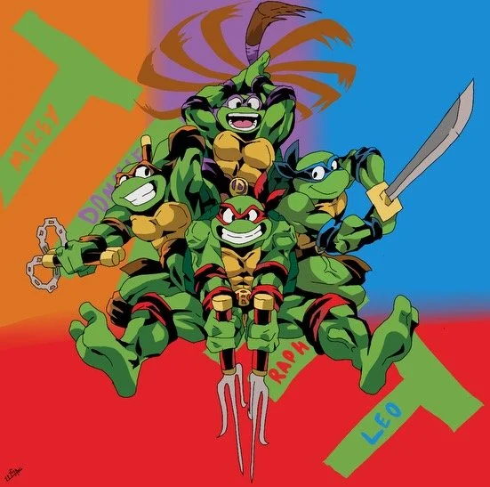 The Teenage Mutant Ninja Turtles characters with their names, Leonardo, Donatello, Raphael, and Michelangelo, are depicted in a colorful illustration.