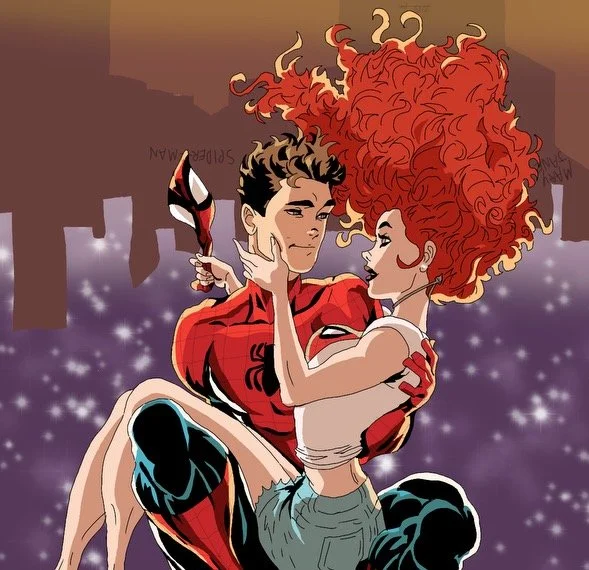 An animated illustration of Spider-Man holding a woman with large red curly hair, set against a cityscape with stars or snowflakes in the background.