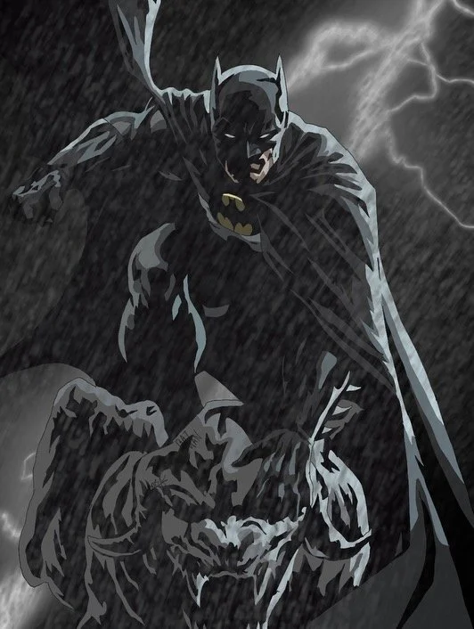 Batman standing in the rain during a storm with lightning in the background.