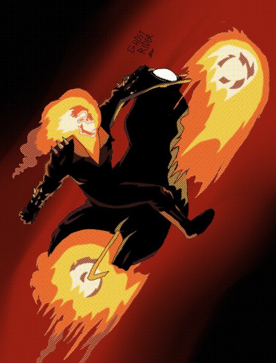 An animated black humanoid figure with a white eye is riding a flaming skateboard, with flames shaped like smiling faces behind both the skateboard and the figure, set against a dark red background.