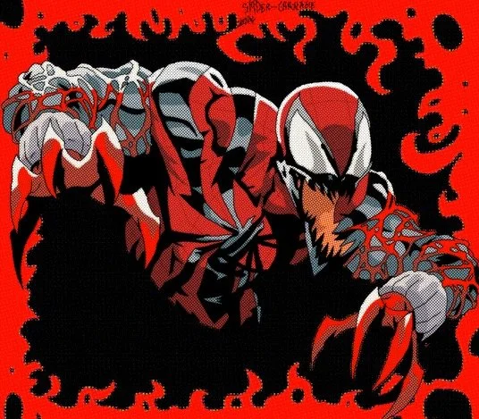 Comic book illustration of Deadpool in his classic red and black costume, crouching with a fiery red and black background.