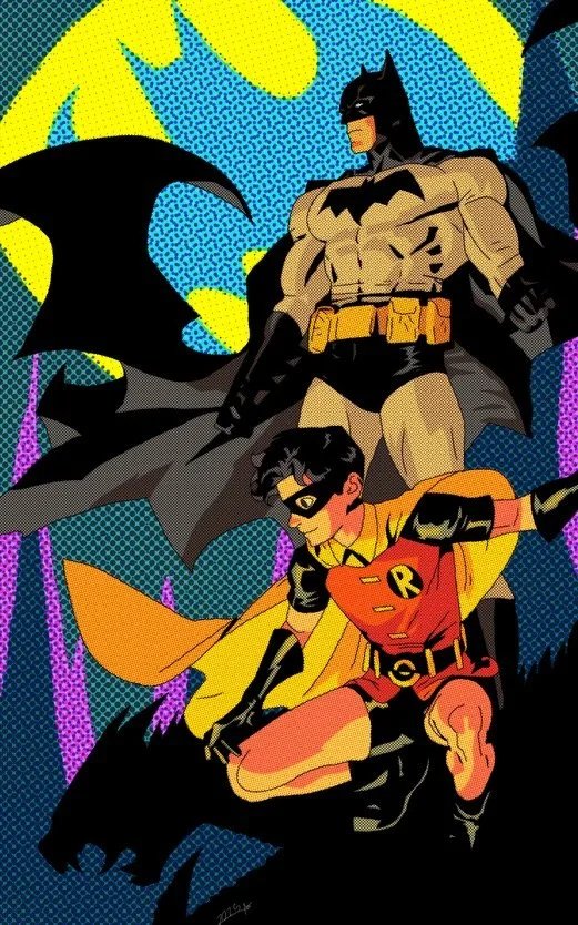 Pop art style illustration of Batman and Robin, with Batman standing behind Robin, both in superhero costumes.