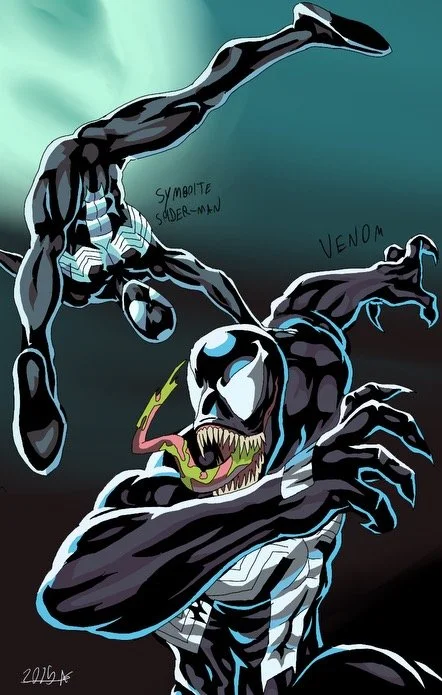 Illustration of Marvel's Venom and Spider-Man. Venom is in the foreground with sharp teeth and a long tongue, and Spider-Man is swinging above, partially visible.