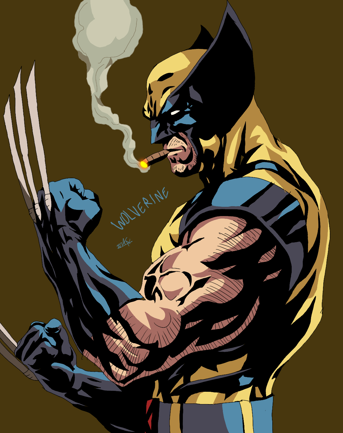 Graphic illustration of Wolverine, a comic book character, with a cigar in his mouth, smoking, and showing muscular arms. The name 'Wolverine' is written next to him.