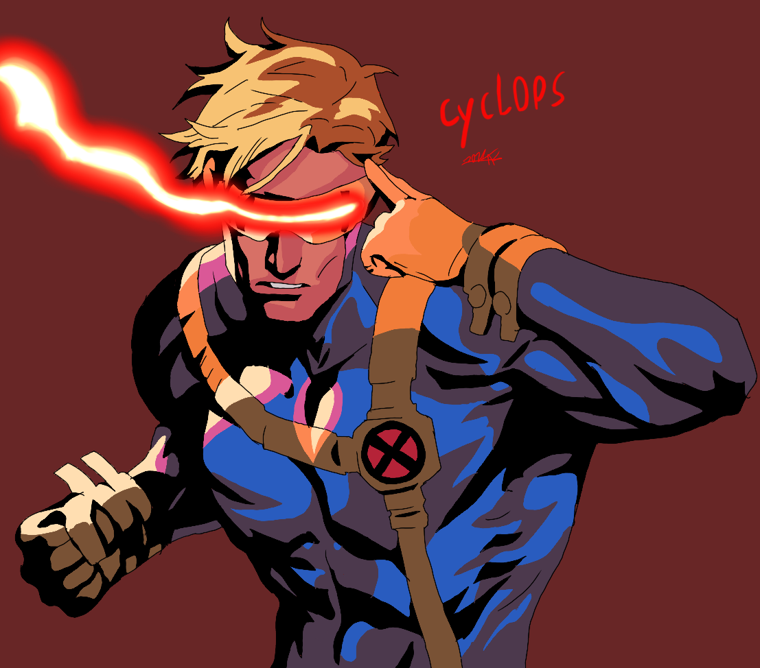 Comic-style illustration of a male superhero with blonde hair. He is wearing a blue and black costume with orange gloves and a strap with an 'X' symbol. He has a red laser beam shooting from his eyes and is holding his right hand to his face, with a 