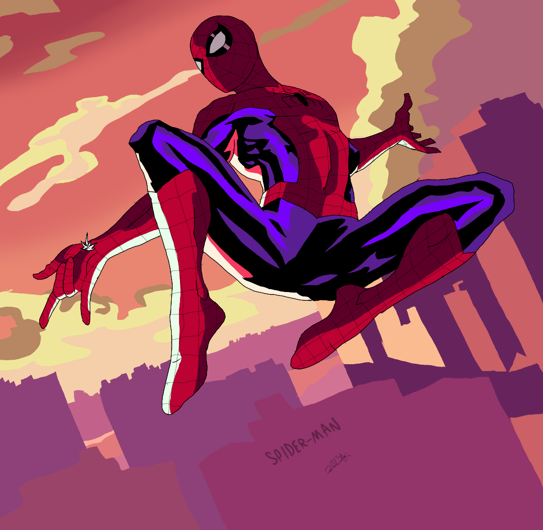 A digital illustration of Spider-Man swinging through a city skyline at sunset, with a pink and orange sky and dark silhouettes of buildings.