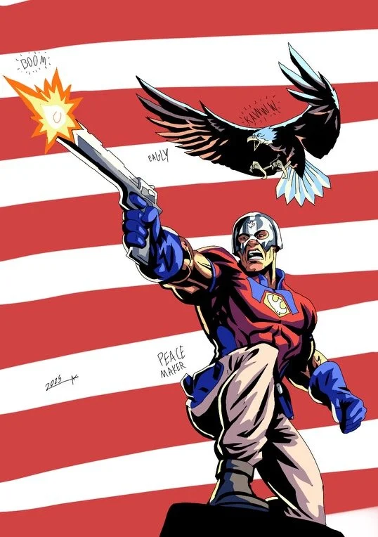 Comic-style illustration of a muscular man dressed as a superhero holding a large pistol, firing a bullet into the sky. The background features red and white stripes resembling the American flag. An eagle with spread wings flies above him. The image 