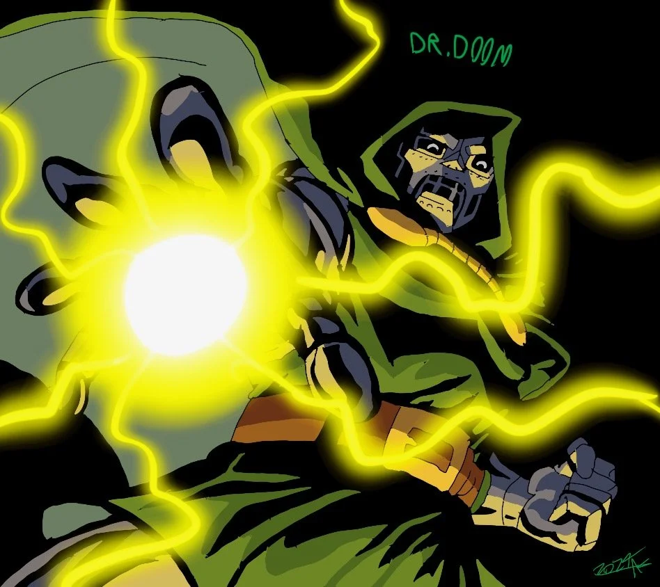 Illustration of a powerful figure resembling Doctor Doom commanding a burst of yellow lightning or energy with his fist, wearing a green cloak and mask. The word 'DR. DOOM' is written in green in the background.