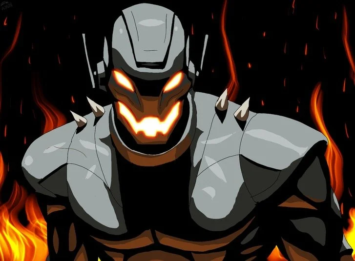 A menacing armored figure with a glowing, jack-o'-lantern face on its mask, surrounded by flames with a dark background.