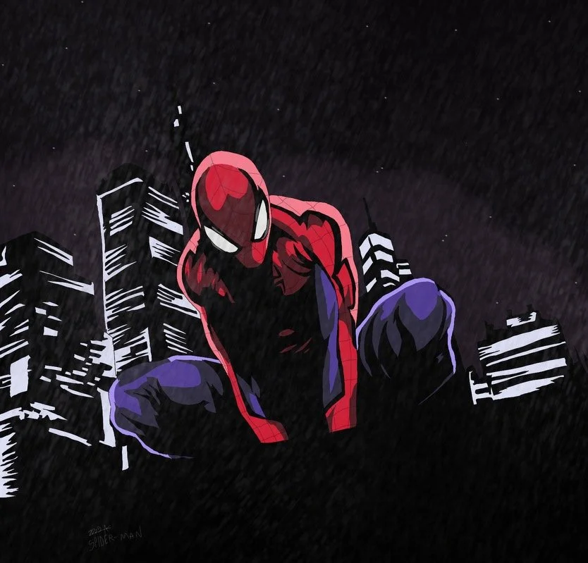 A stylized illustration of Spider-Man crouching on a city rooftop at night, with tall buildings in the background and a dark sky.