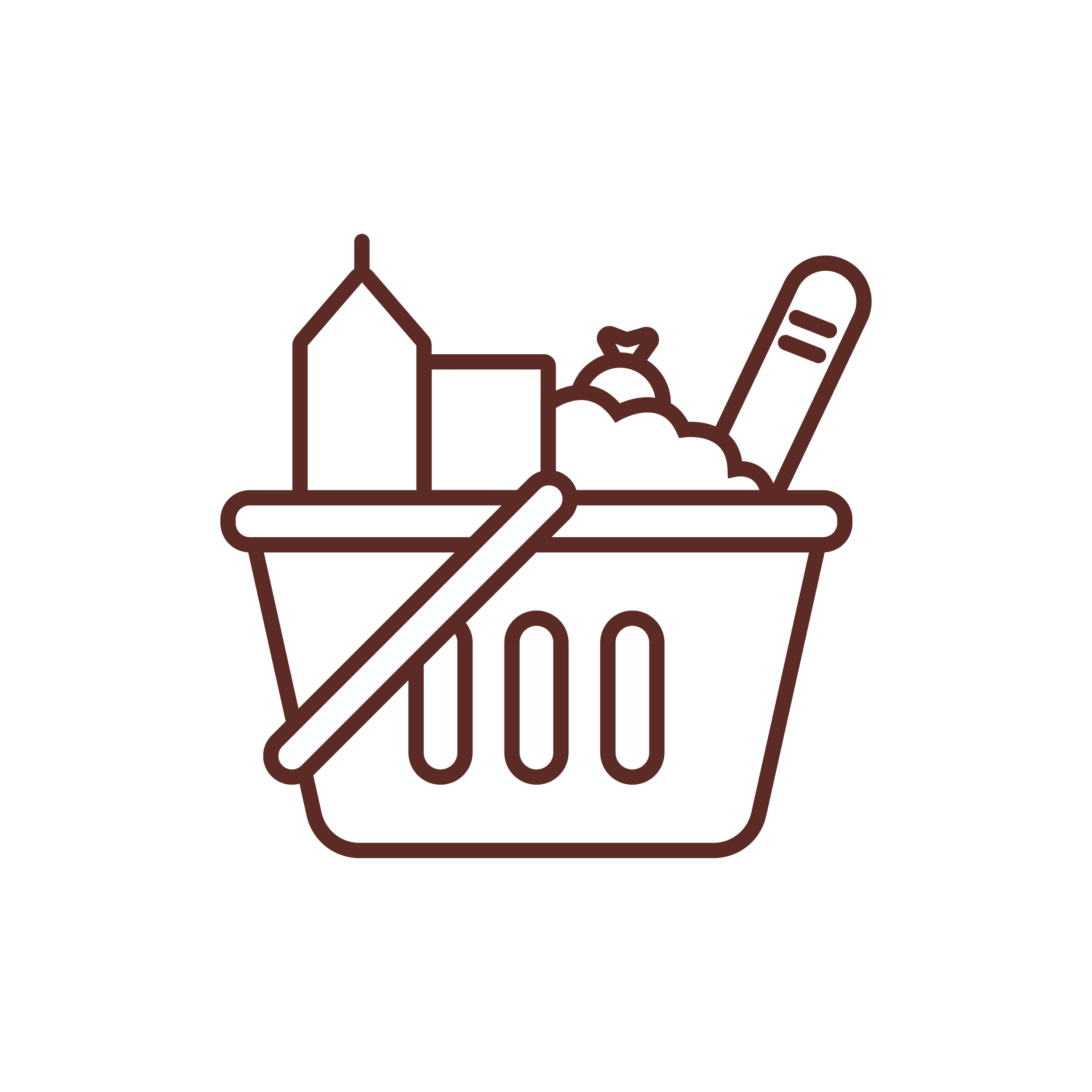 Outline drawing of a shopping basket filled with various grocery items including a carton, a bottle, a package, and a jar.