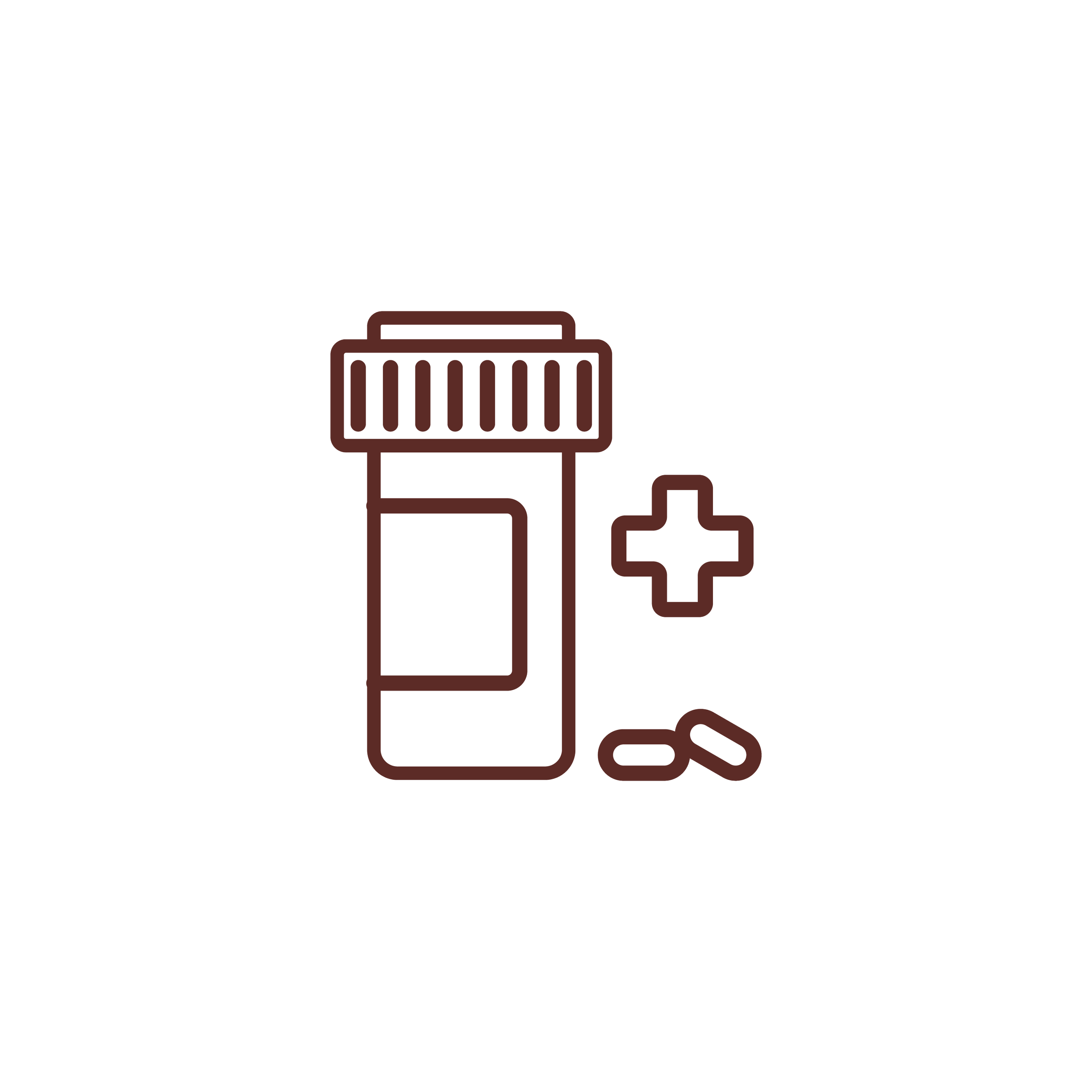 Icon of a pill bottle with a label, a plus sign, and two capsules, representing medication or pharmacy.
