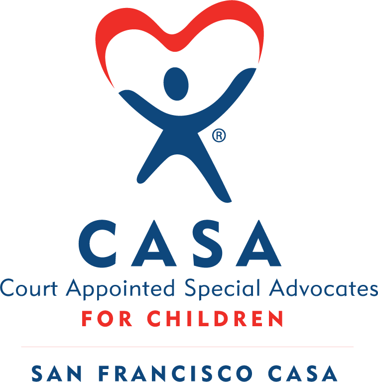 Logo for CASA, Court Appointed Special Advocates for Children, featuring a stylized figure holding a red heart-shaped outline, with the text "CASA," "Court Appointed Special Advocates," "For Children," and "San Francisco CASA" in blue and red lettering.