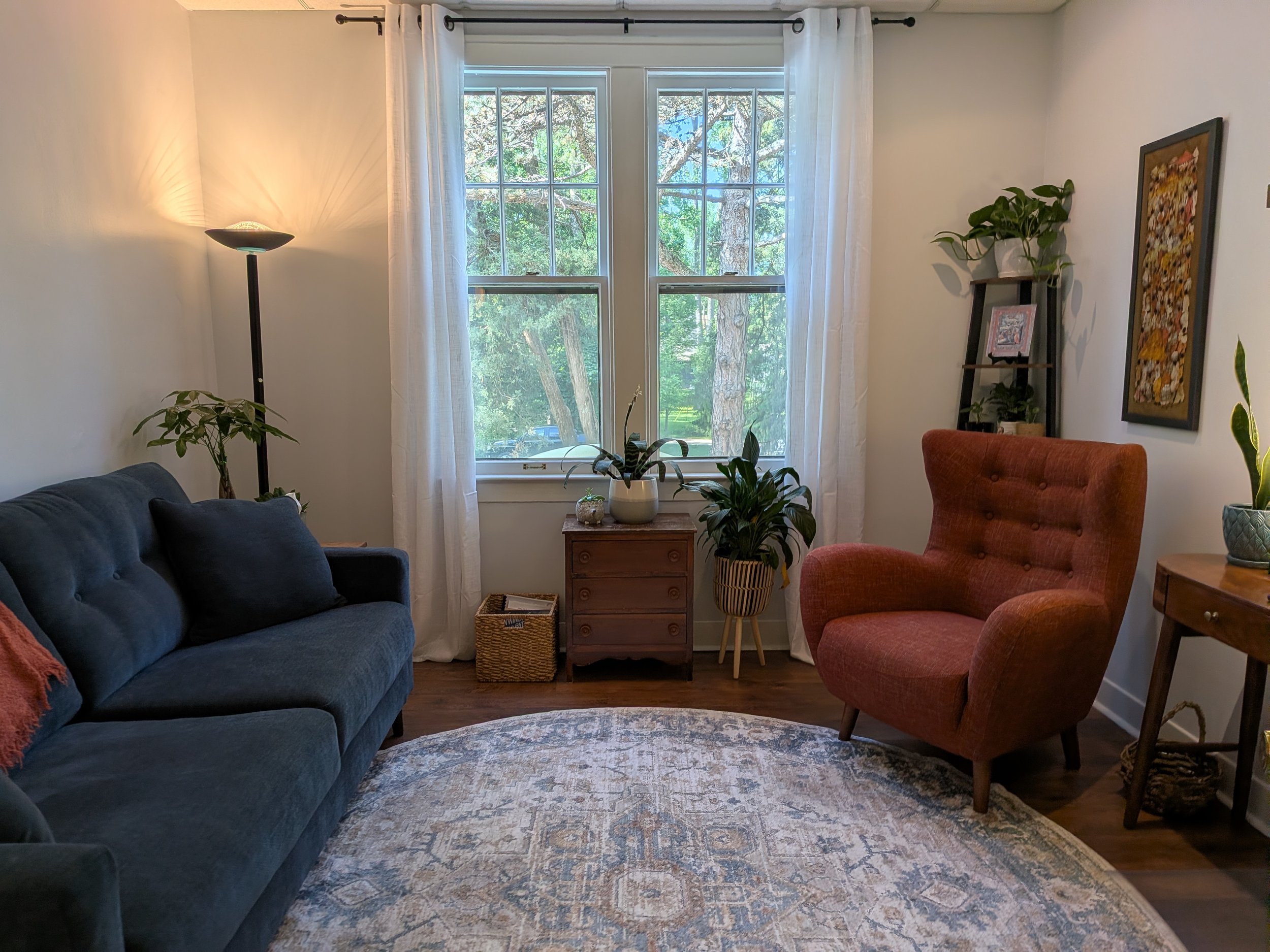 In-person therapy office in Grand Rapids, MI with large window, trees outside, blue sofa, red armchair, round rug, plants, artwork, small wooden table, and standing lamp. Anxiety, depression, chronic pain treatment available with Irene Kraegel, PsyD.