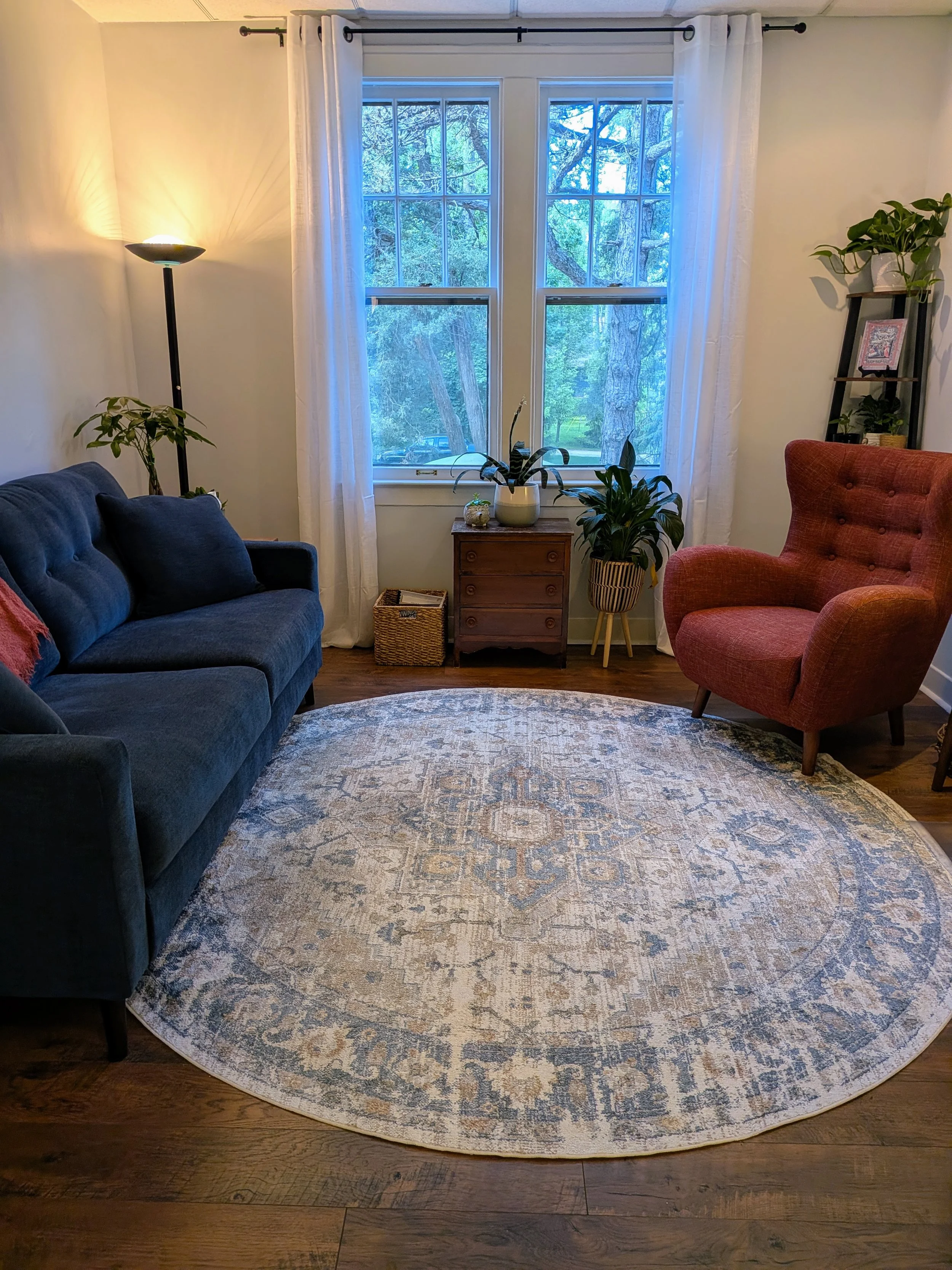 Circle rug, blue sofa, red armchair, wood side table with plants, tall black floor lamp, ladder-style shelf with plants and framed picture, and large window with white curtains revealing trees outside. Irene Kraegel East Grand Rapids therapy office.
