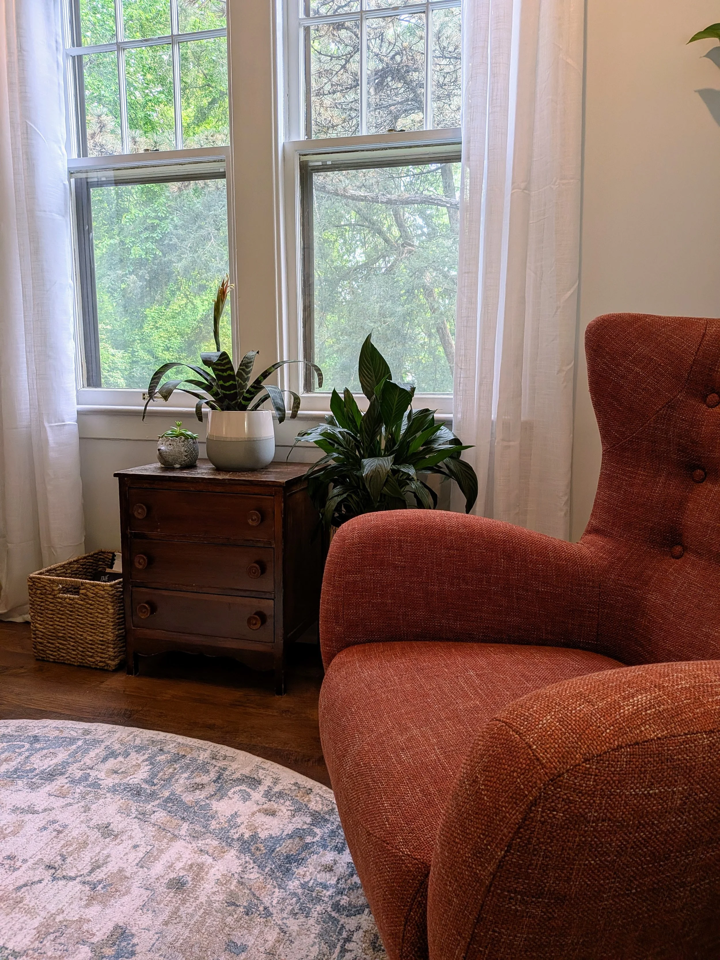 Christian therapy office in Grand Rapids with window showing trees outside, red armchair, small wooden side table with potted plants, wicker basket, white curtains, patterned area rug, and wood floor. Irene Kraegel provides online & in-person service