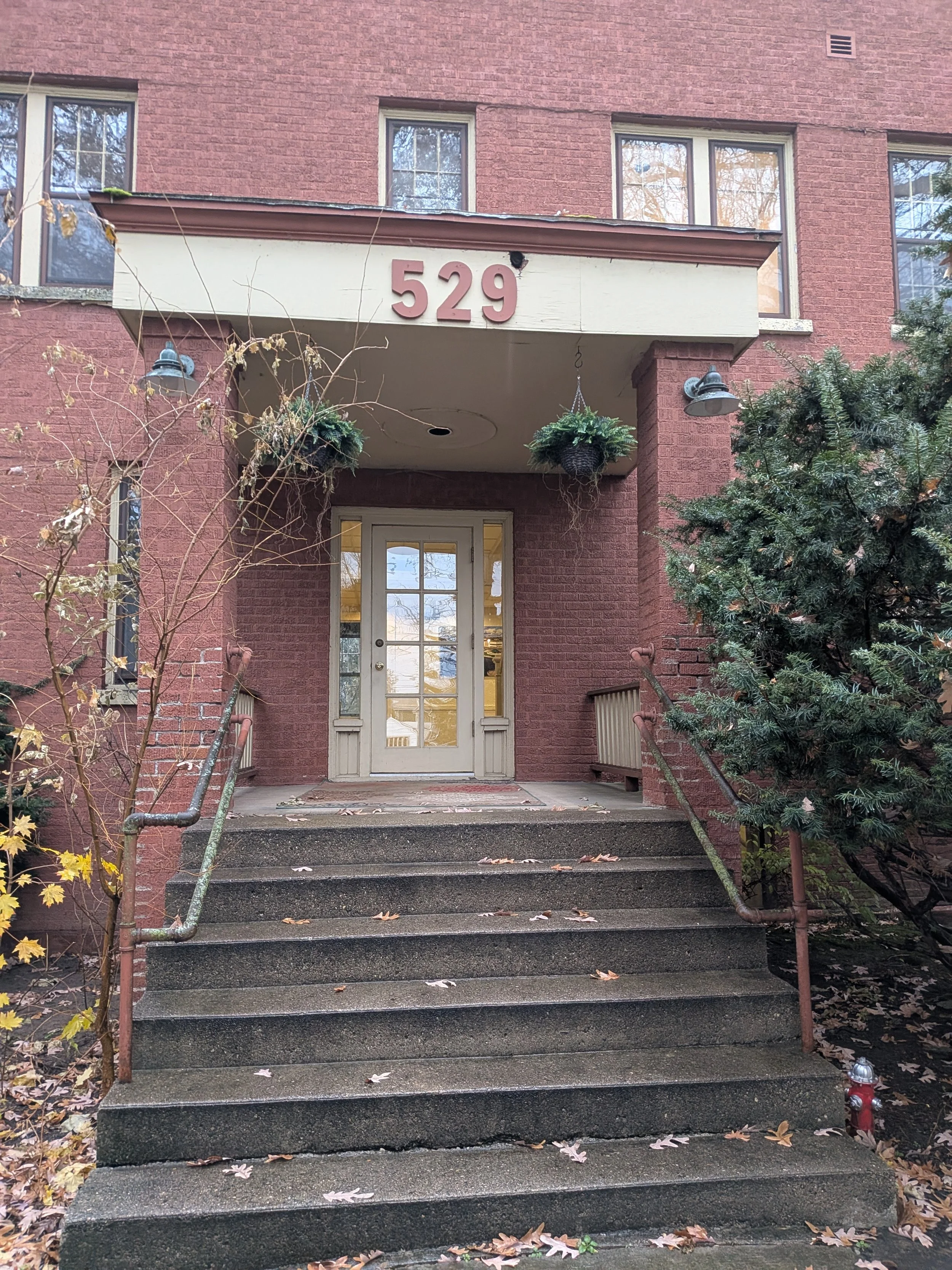 The entrance of Dr. Irene Kraegel, PsyD therapy office building, featuring stairs, a glass door with sidelight panels, hanging flower baskets, and surrounding trees, some with fallen leaves.