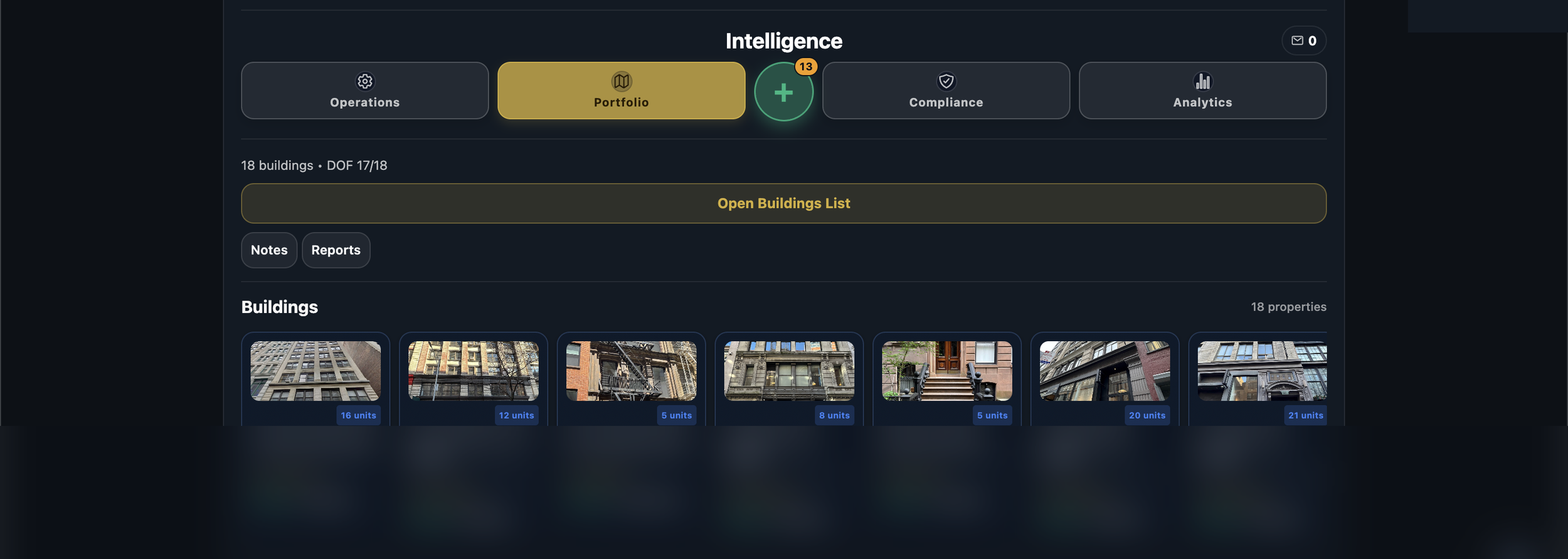 Screenshot of a digital real estate management dashboard with a dark theme, showing tabs labeled Operations, Portfolio, Compliance, and Analytics. The Portfolio tab is open, displaying a list of buildings with thumbnail images and unit counts, under the section titled 'Open Buildings List.'