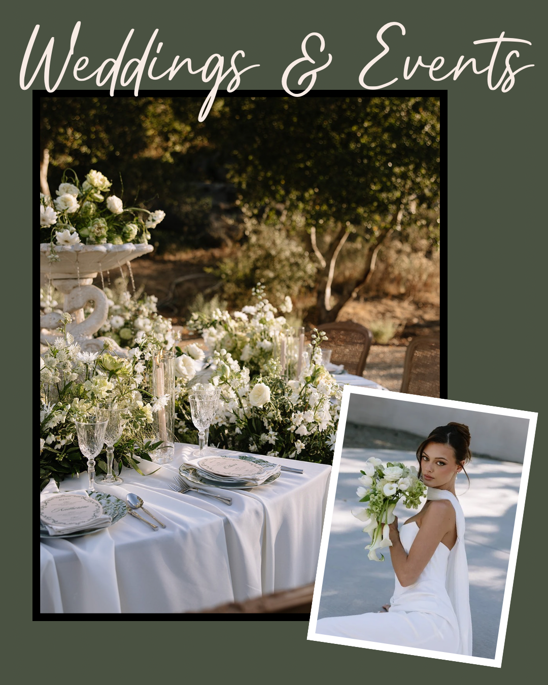 A wedding table decorated with white flowers, glassware, and plates outdoors. An inset shows a woman in a white dress holding a bouquet of white flowers.