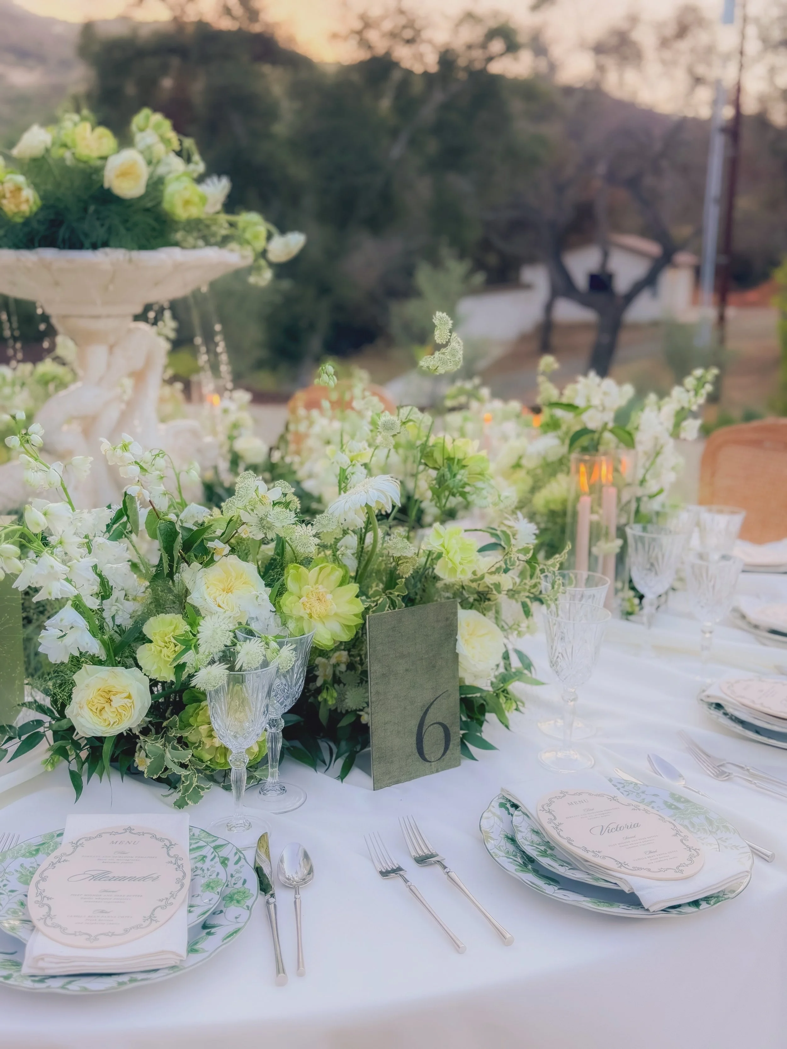 Elegant outdoor table setting with a floral centerpiece, crystal glasses, plates, and menus, on a white tablecloth, with trees and sunset in the background.