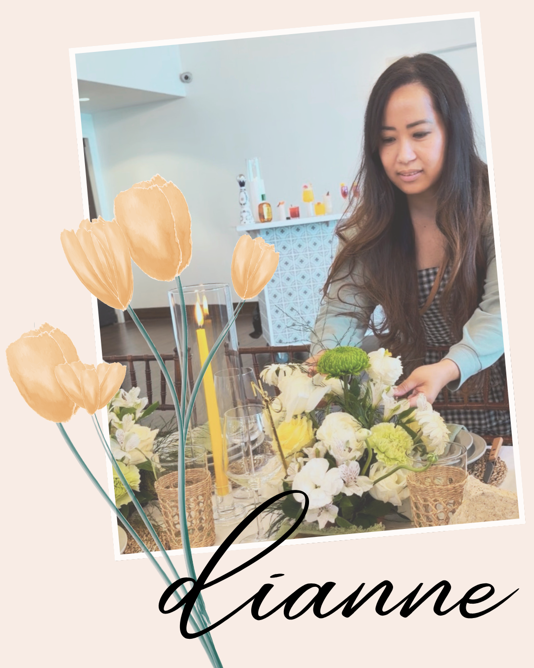 A woman arranging a floral centerpiece on a dining table decorated with flowers, candles, and glassware.
