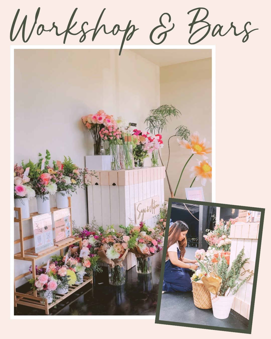Display of flower arrangements and decorative floral products at a workshop and bar event, with a woman assembling flowers.