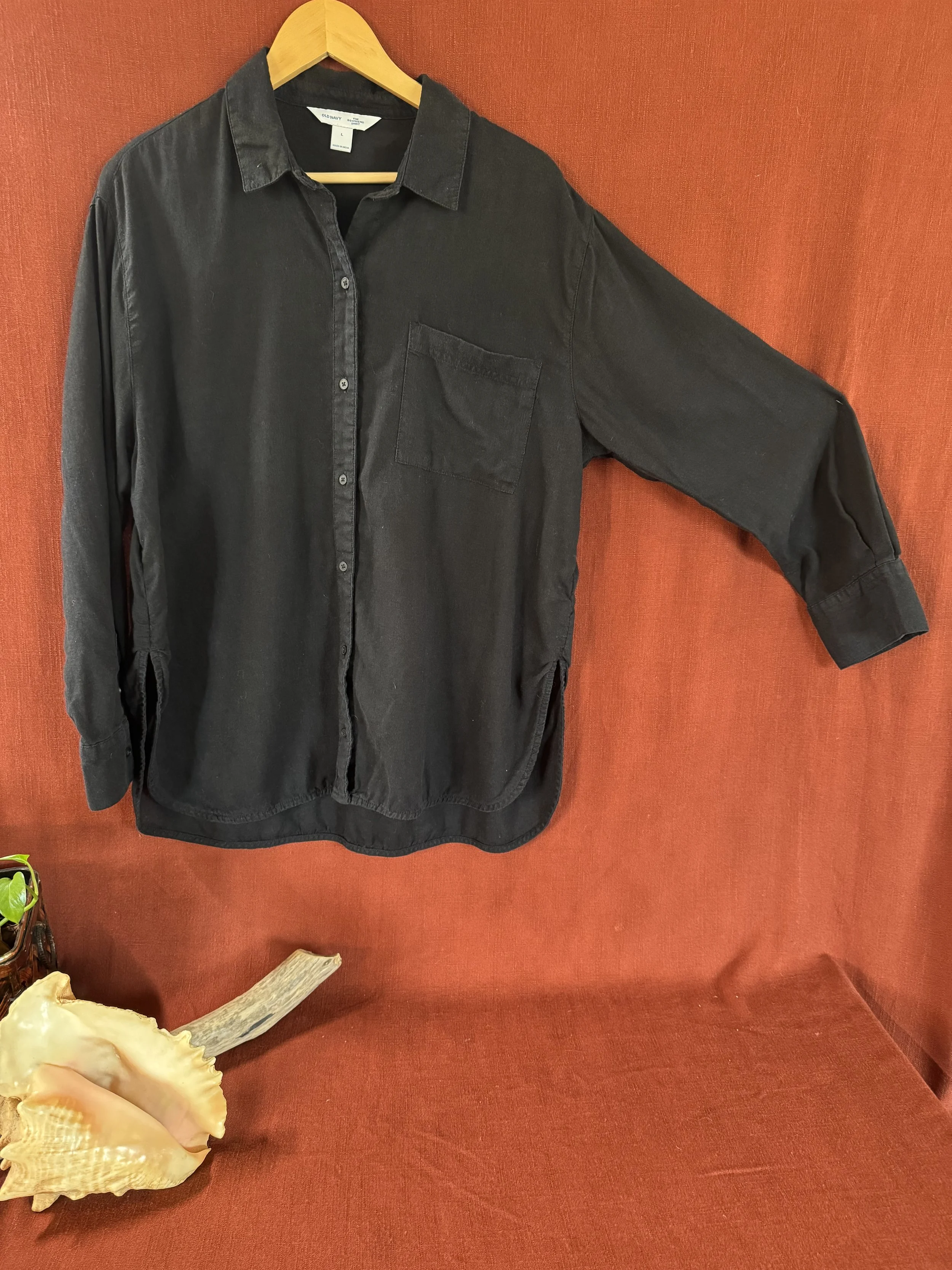 Womens Black Linen/Cotton Boyfriend Shirt