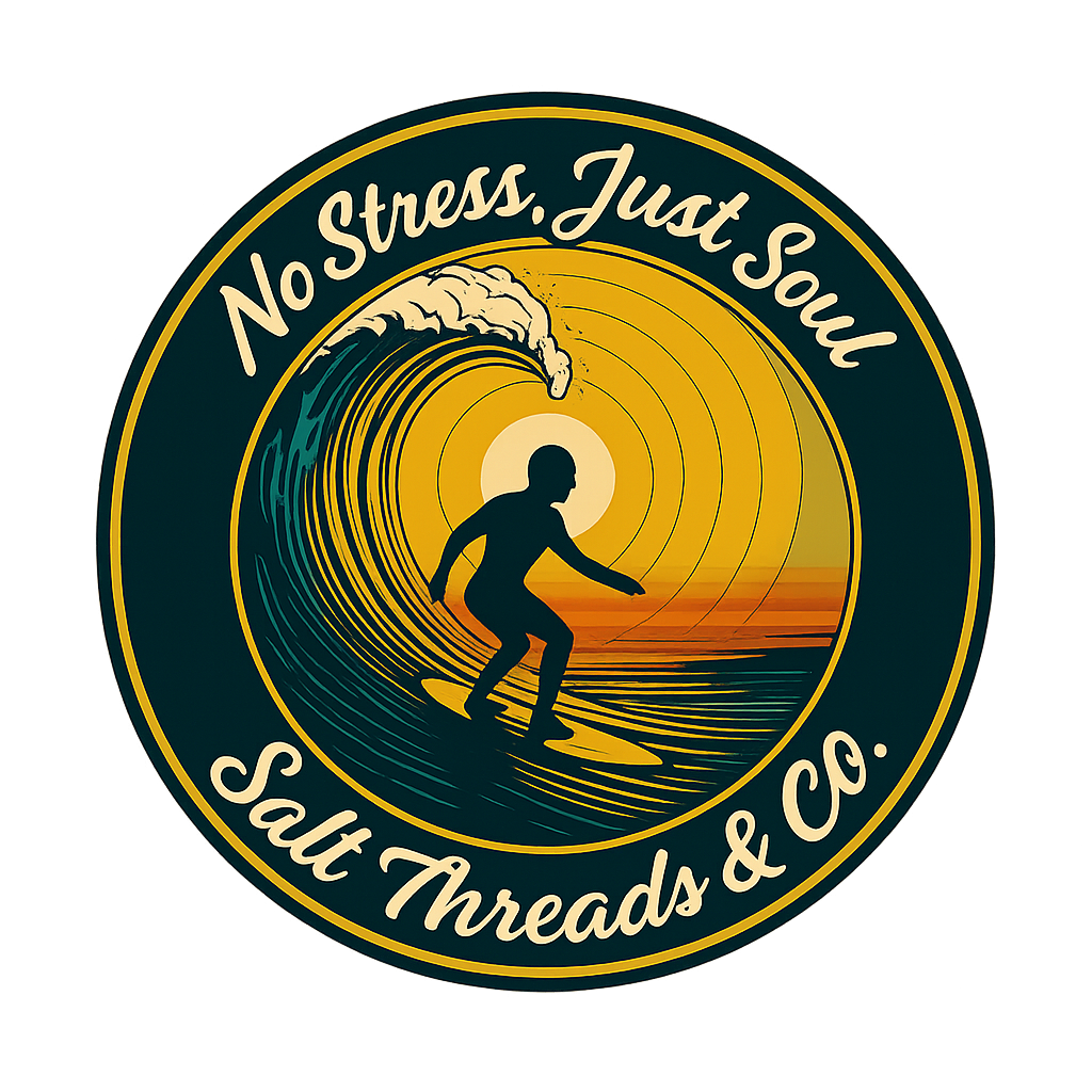 A logo for Salt Threads & Co. featuring a person surfing on a wave with a sunset background, inscribed with the phrase 'No Stress, Just Soul'.