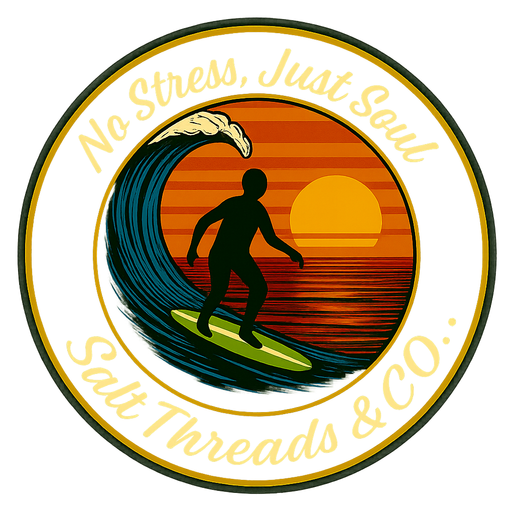 A neon sign featuring a silhouette of a person surfing on a wave with a sunset in the background. The sign has the text 'No Stress, Just Surf' at the top and 'Salt Treads & Co.' at the bottom in glowing lettering.
