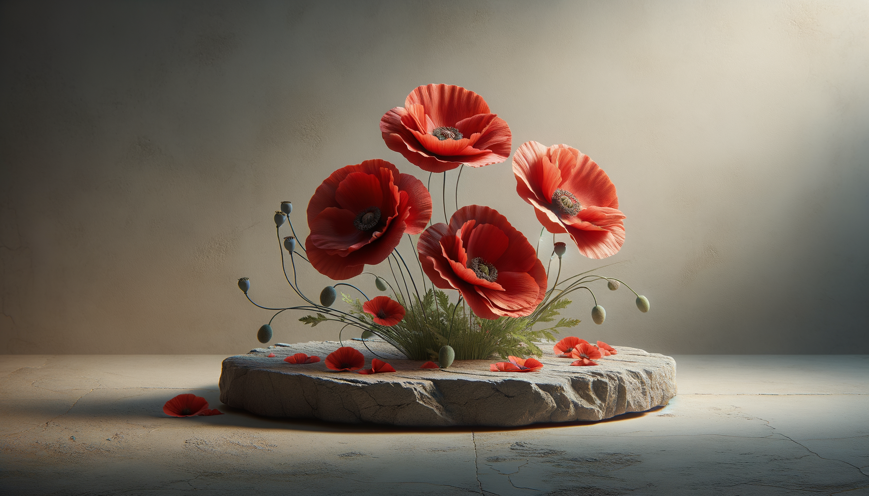 Artificial poppy flowers arranged on a rock slab with a plain wall background.