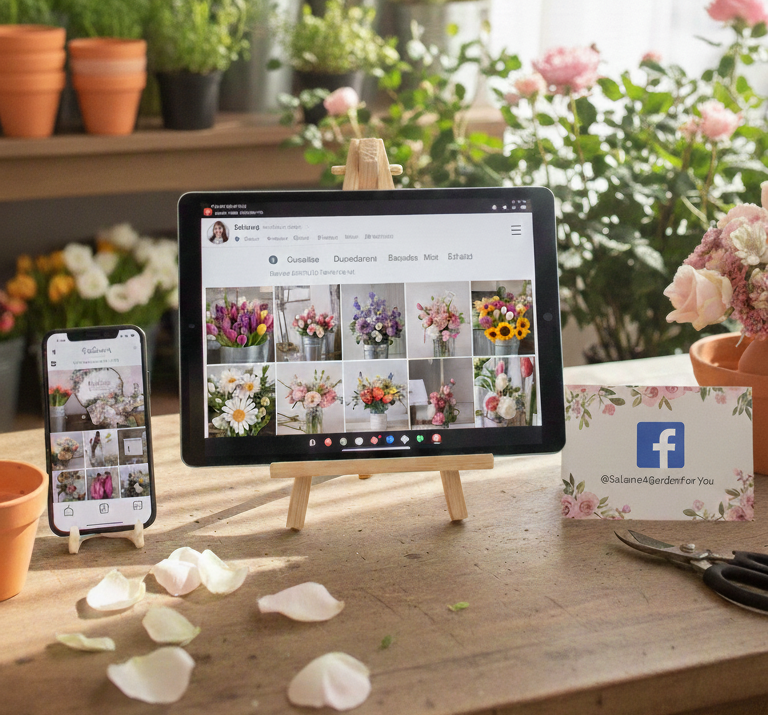 Table with a smartphone and a tablet displaying flower arrangements, surrounded by flower pots, petal remnants, and a Facebook card in a bright, indoor flower shop or greenhouse.