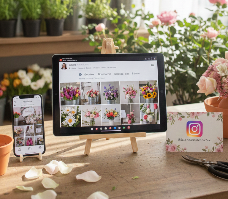 Tablet and smartphone on a wooden table displaying images of flowers, with scissors, a pink flower pot, petals, and a business card for Instagram and a flower garden in the background.