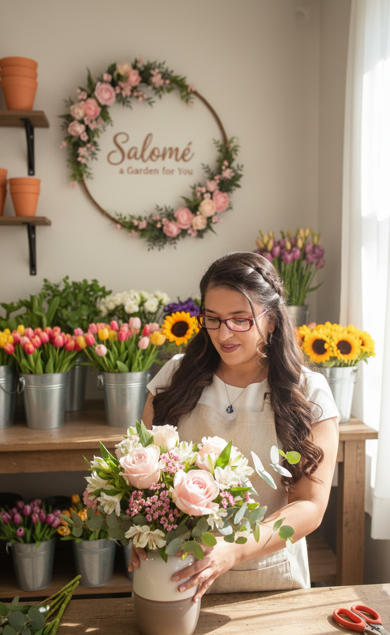 A woman arranging a bouquet of pink and white flowers in a flower shop with a variety of colorful flowers and a sign that says "Salomé a Garden for You" in the background.