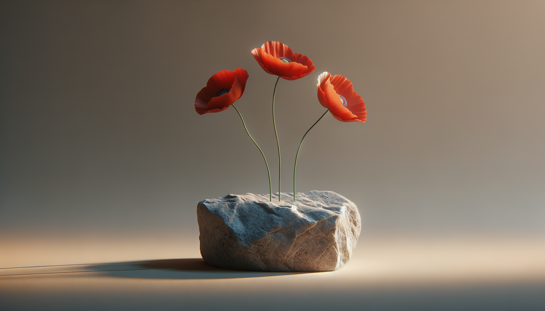Three red poppy flowers with thin green stems growing from a large textured rock on a smooth surface, with a blurred neutral background.