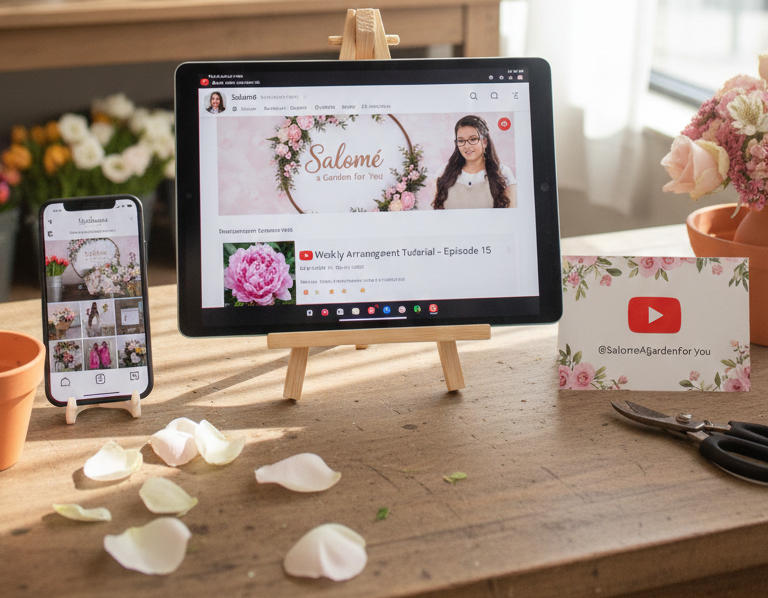 A tablet on a small wooden stand displaying a YouTube channel called 'Salomé' with floral decorations, next to an iPhone showing a floral arrangement video, both on a wooden table surrounded by flower petals, pots with flowers, and a pair of scissors, with a floral-themed card and workspace in the background.