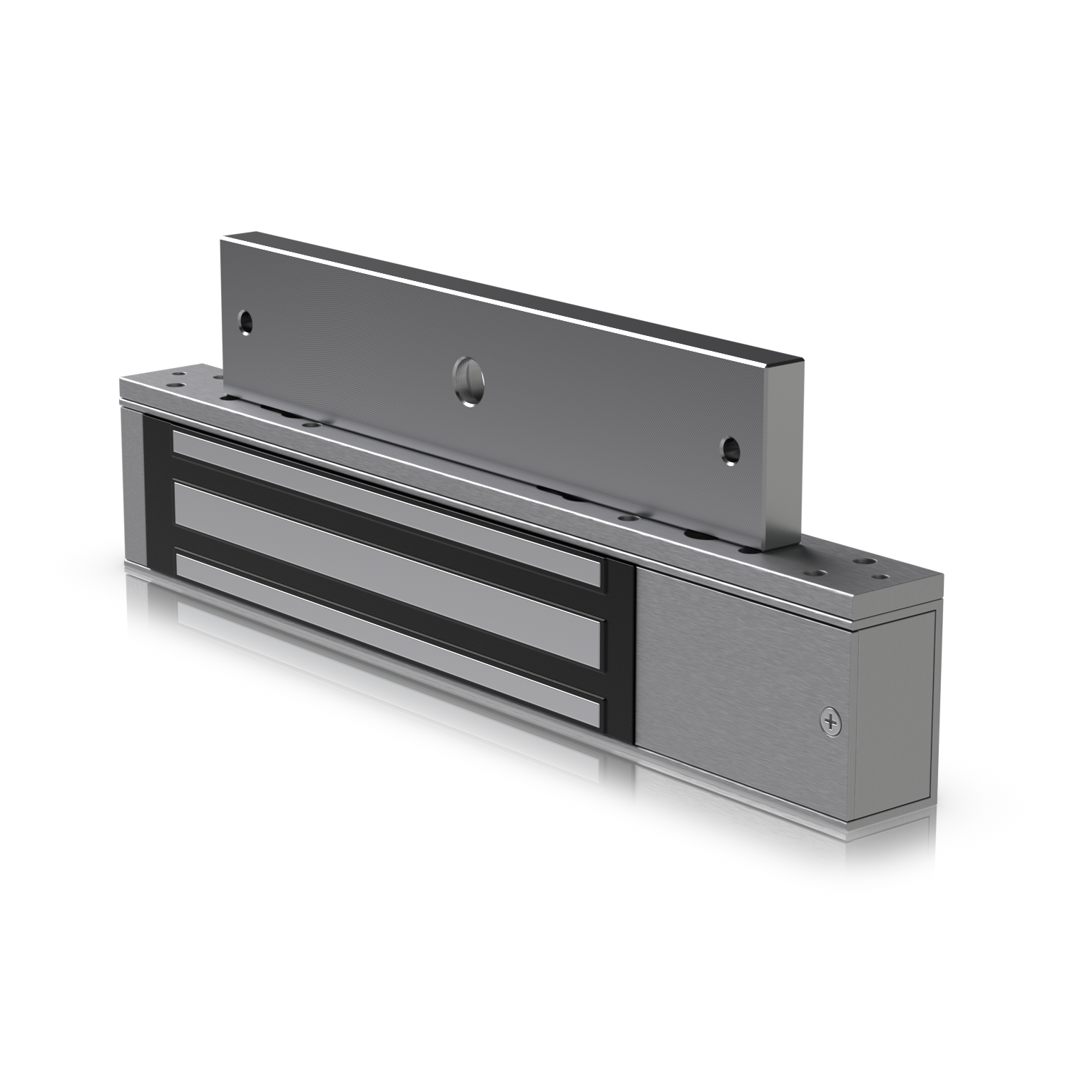 A metal electronic device with three rectangular display screens and a brushed metal finish, mounted on a black background.