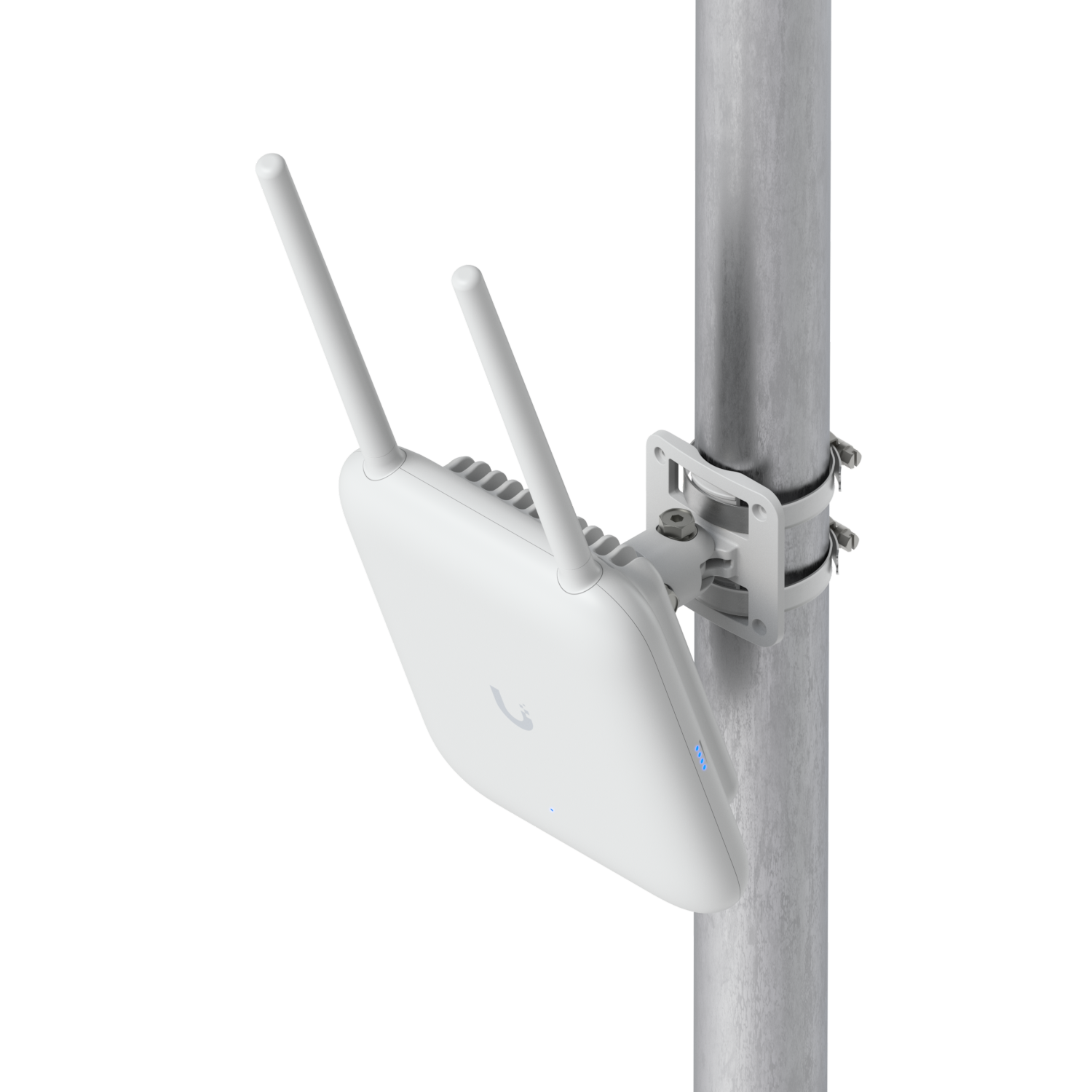 Wireless router attached to a metal pole with a mounting bracket, with three antennas and LED indicator lights.