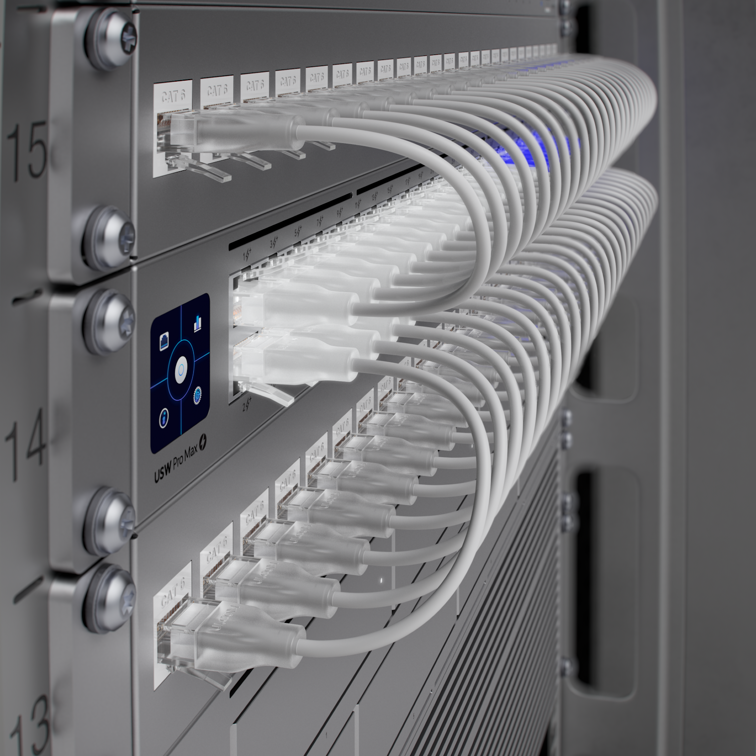 Close-up of server rack with multiple Ethernet cables plugged into switches, with LED indicator lights.