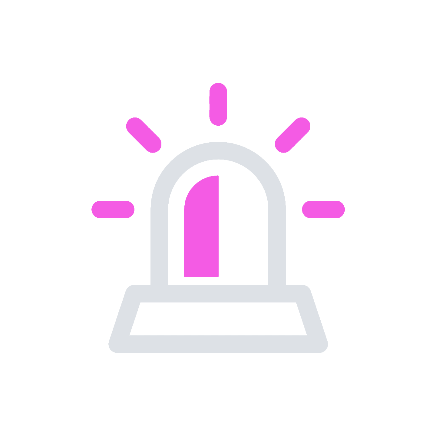 Illustration of a police or emergency siren with a pink flashing light, gray outline, and black background.