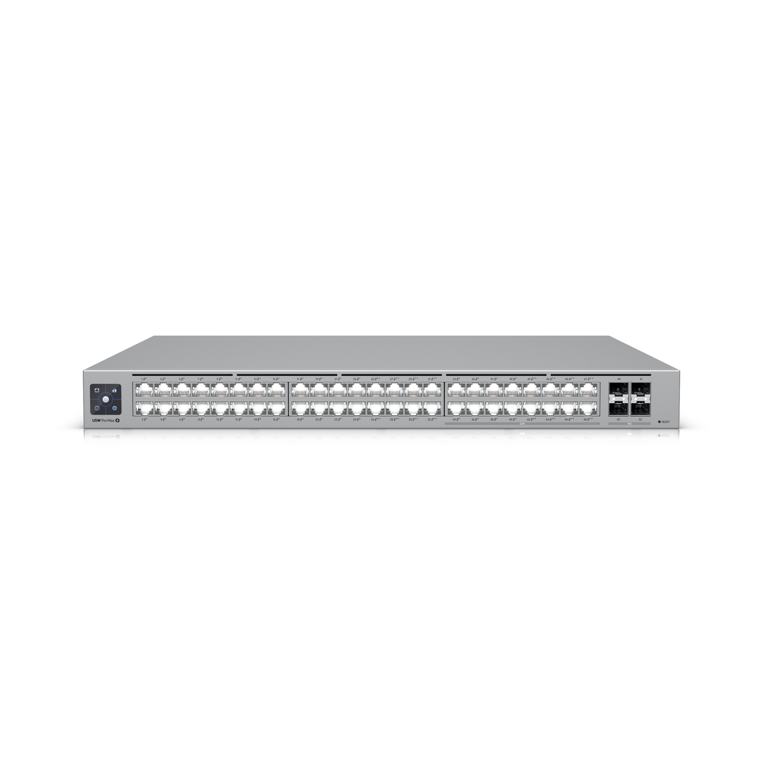 Front view of a network switch with multiple Ethernet ports and a few indicator lights.