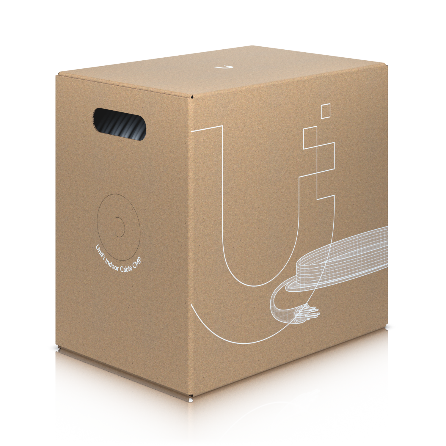 Unboxing of a Ubiquiti indoor Ethernet cable with white outline diagram on brown cardboard box.