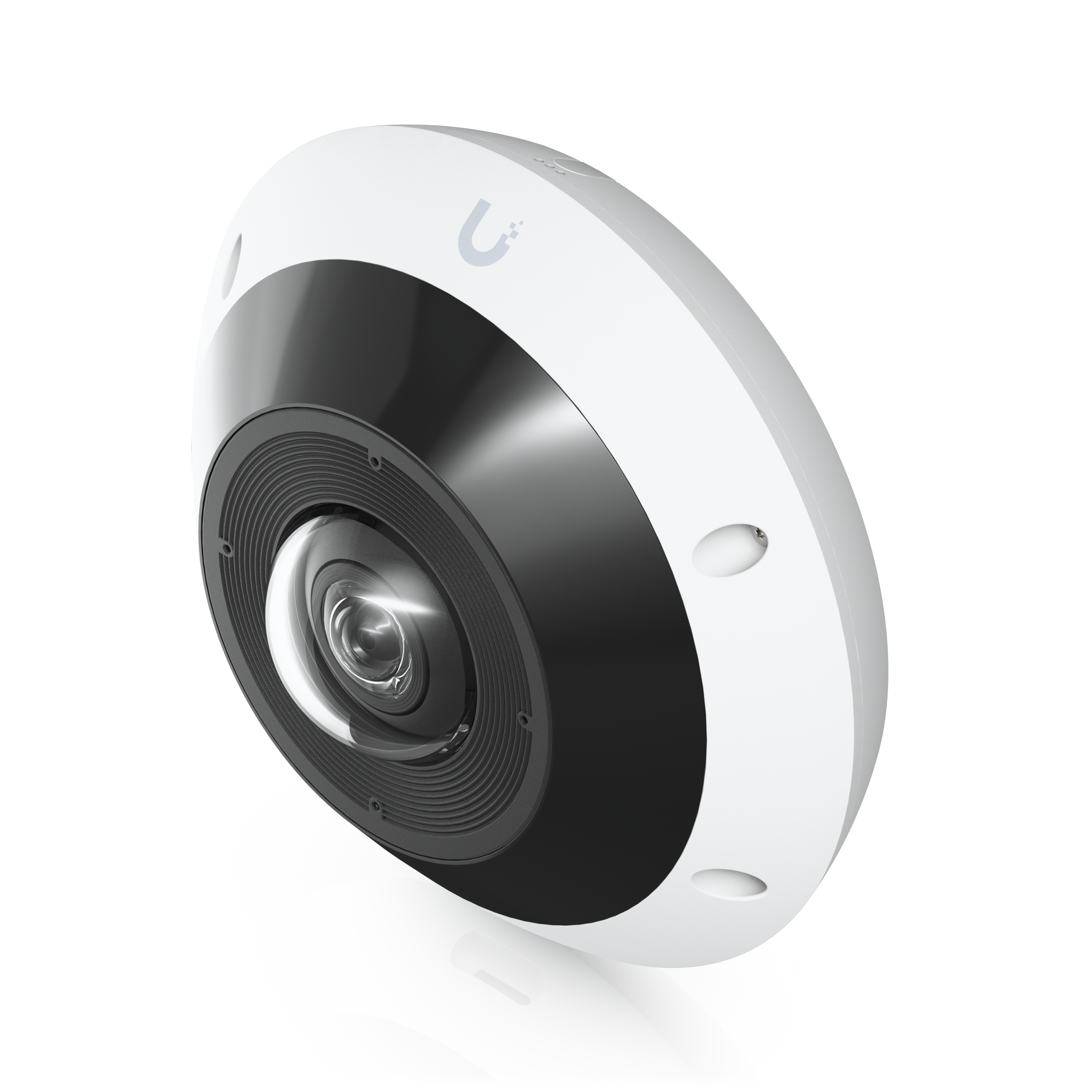 A modern, circular security or surveillance camera with a black lens in the center, white and black exterior, and a sleek design.