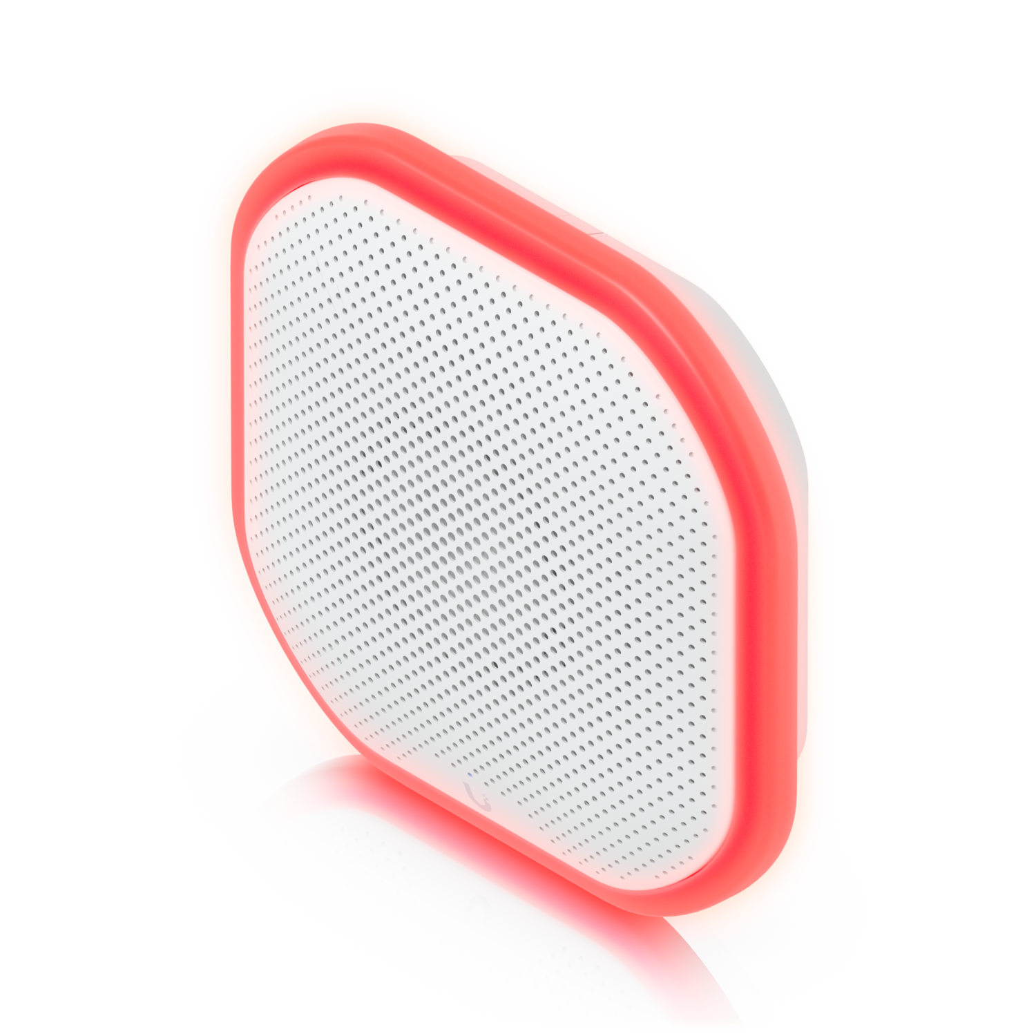 Close-up of a modern wireless speaker with a glowing red-orange outer rim and a perforated white front panel, reflected on a shiny black surface.