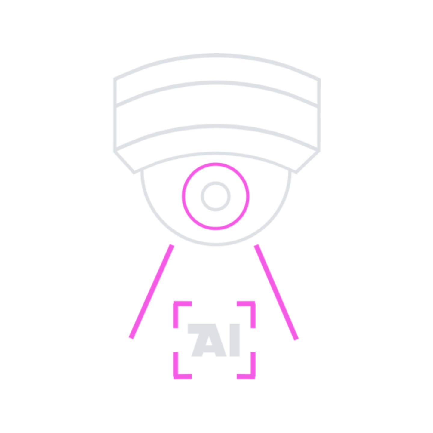 Stylized digital illustration of a security camera with pink and white accents, with a label 'AI' and lines representing detection or recognition.