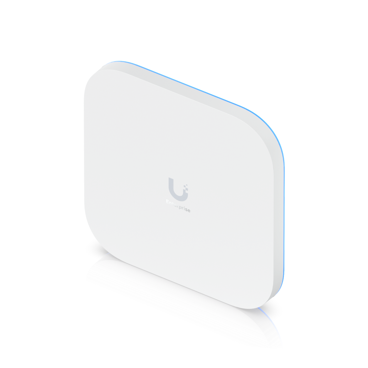 A white, square-shaped enterprise-grade Wi-Fi 6 router with rounded edges, standing upright on a reflective surface.