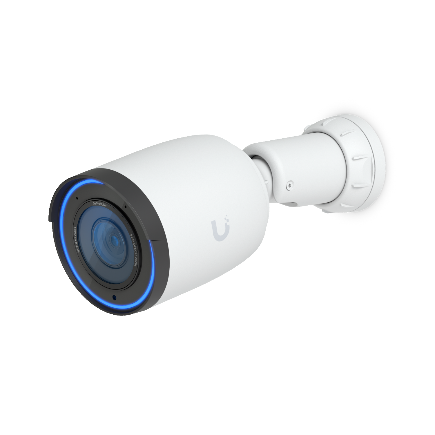 Security camera with white body and black front, mounted on a white wall, with a blue ring light around the lens.
