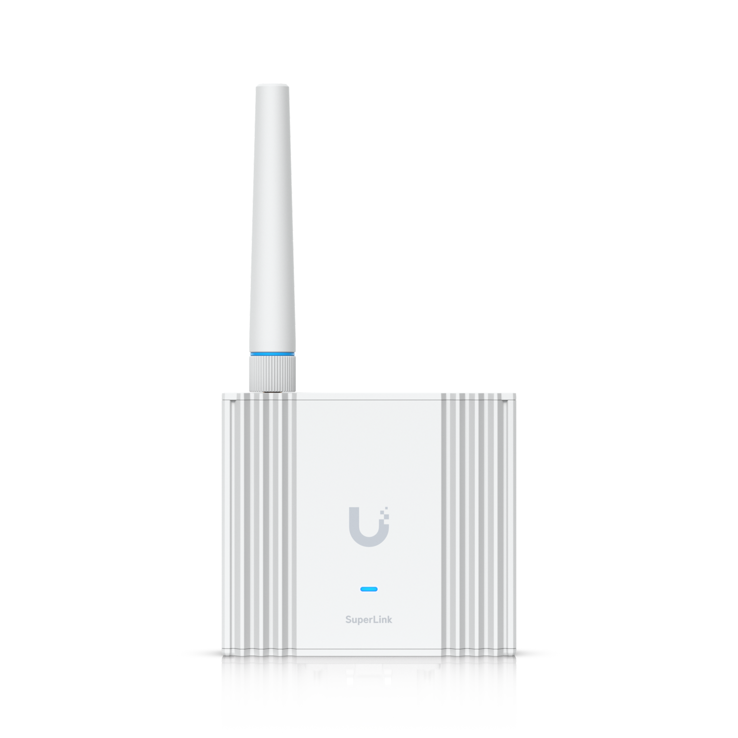 A white SuperLink device with a tall antenna, blue accent light, and a minimalistic design. Reflective surface beneath the device.